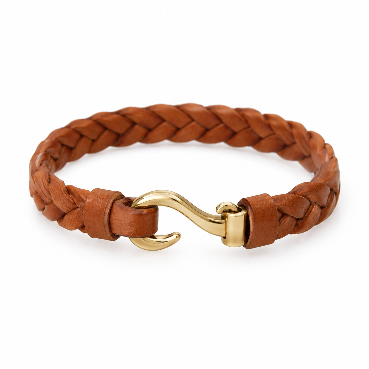 Braided leather bracelet with gold hook clasp.
