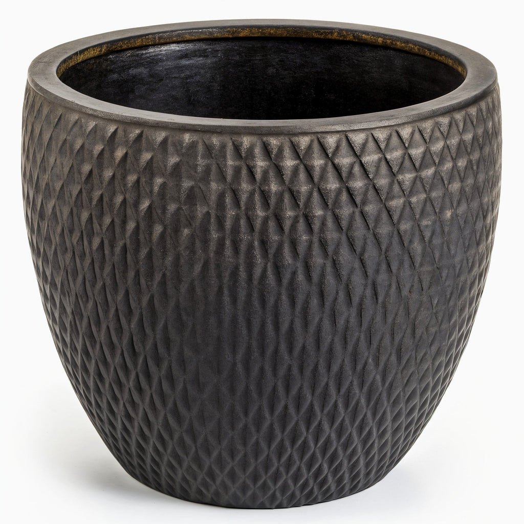 Vensioshop Charcoal Sculpted Ceramic Planter — three-quarter front view showing textured surface