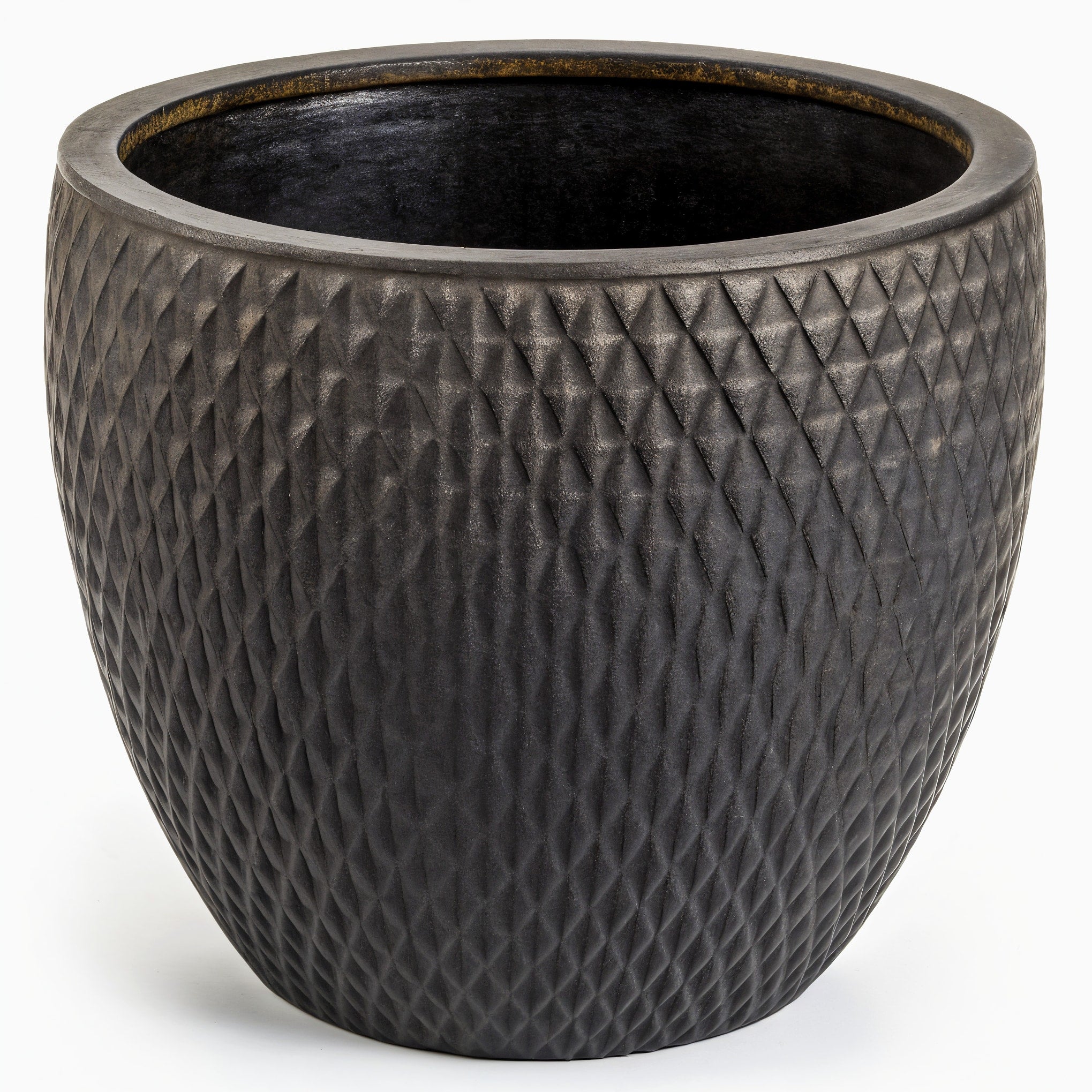 Vensioshop Charcoal Sculpted Ceramic Planter — three-quarter front view showing textured surface