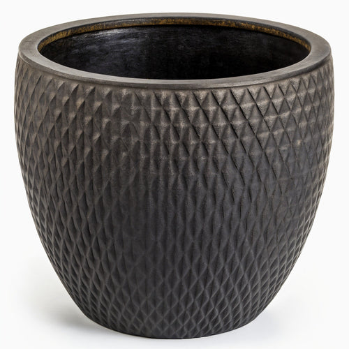 Vensioshop Charcoal Sculpted Ceramic Planter — three-quarter front view showing textured surface