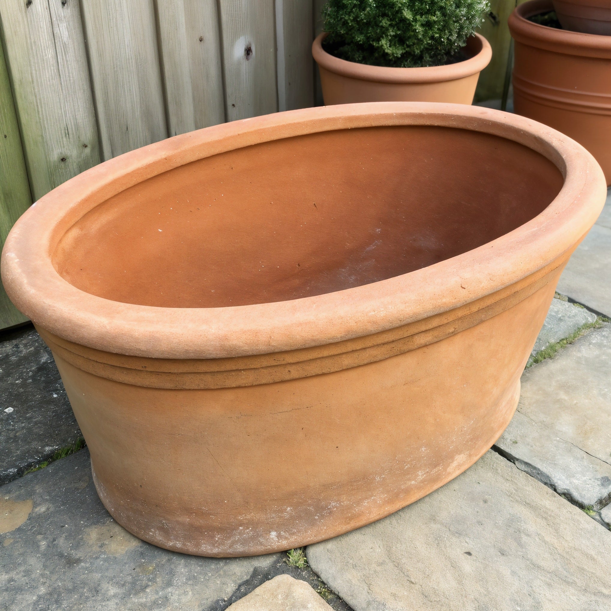 Vensioshop Oval Terracotta Planter — three-quarter front view showing its oval shape and natural finish