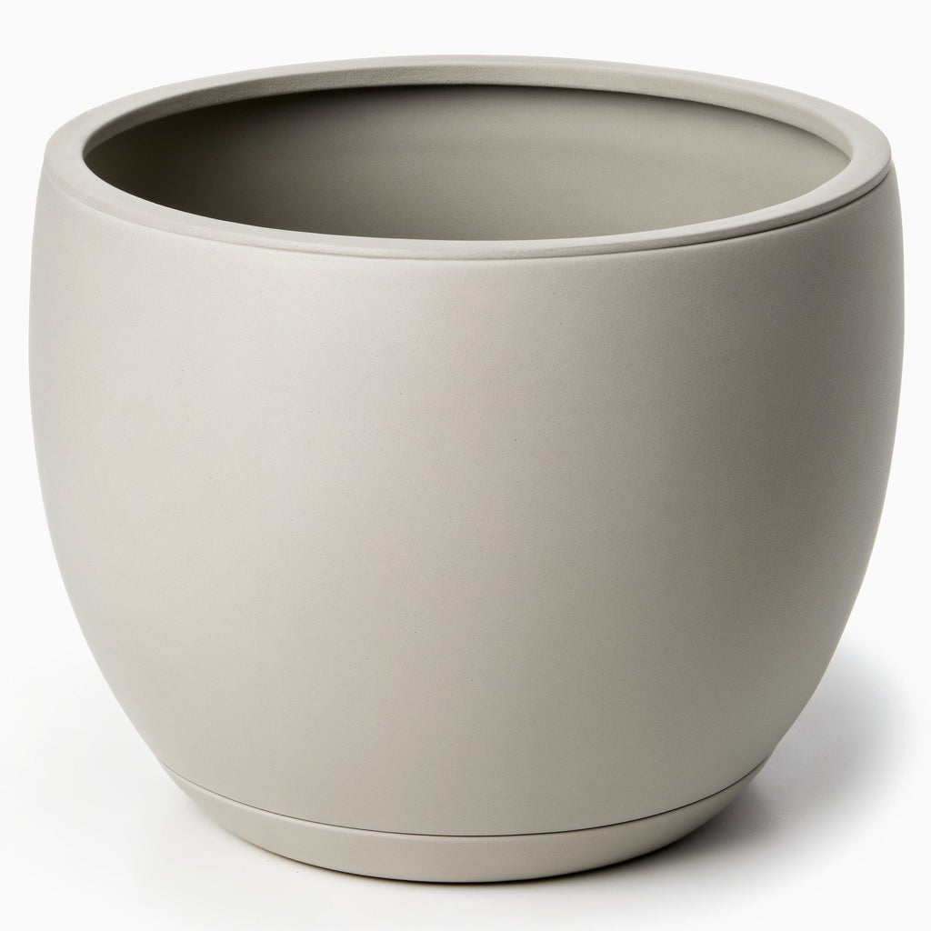 Vensioshop Dove Gray Rounded Ceramic Planter — three-quarter front view showing the rounded shape and matte finish