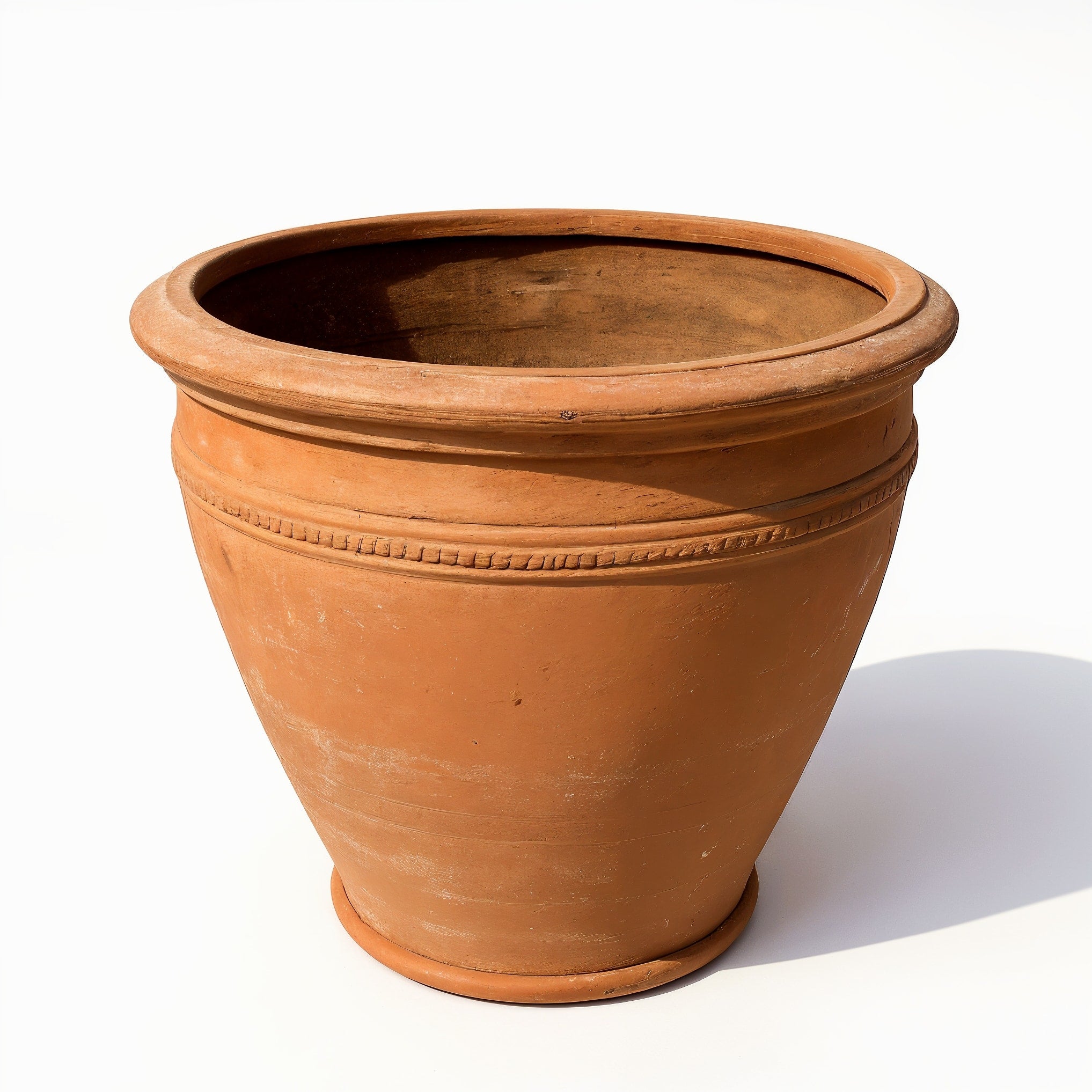 Large Rustic Italian Terracotta Planter — direct side profile at eye-level showing full silhouette.