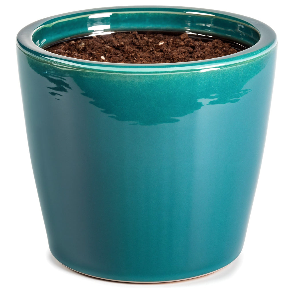 Vensioshop Teal Glossy Ceramic Planter — three-quarter front view showing the planter's front face and rim