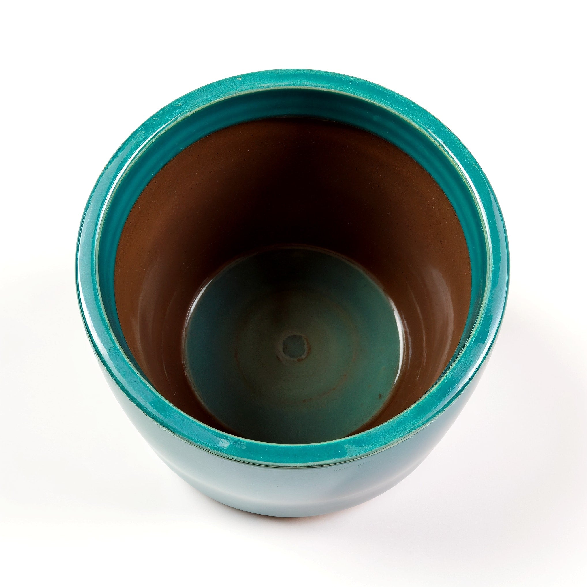 Vensioshop Teal Glossy Ceramic Planter — top-down view showing the interior and rim