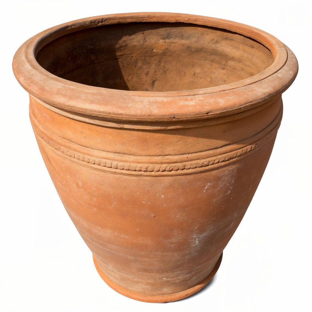 Large Rustic Italian-Style Terracotta Planter — three-quarter front view showing front face, rim, and silhouette.