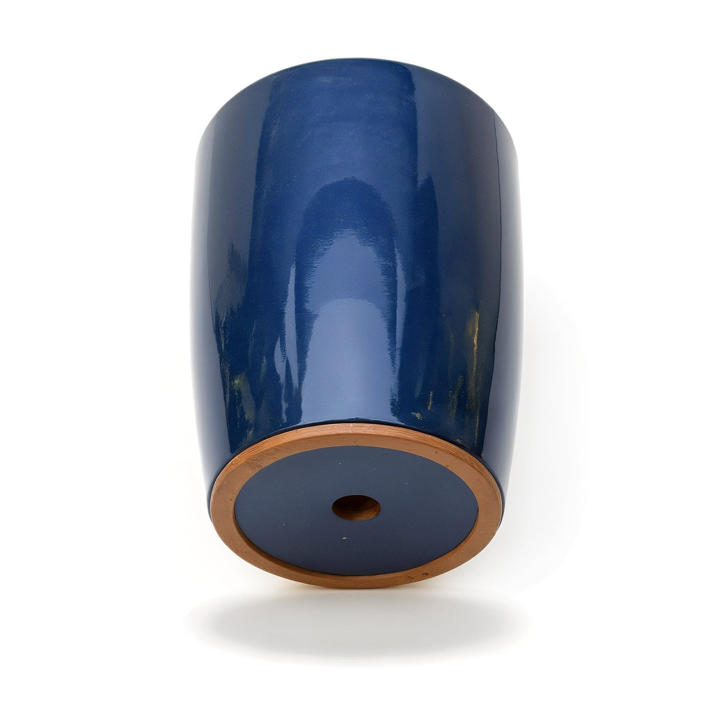 Vensioshop Midnight Blue Cylinder Ceramic Planter — upside down showing the base and drainage hole