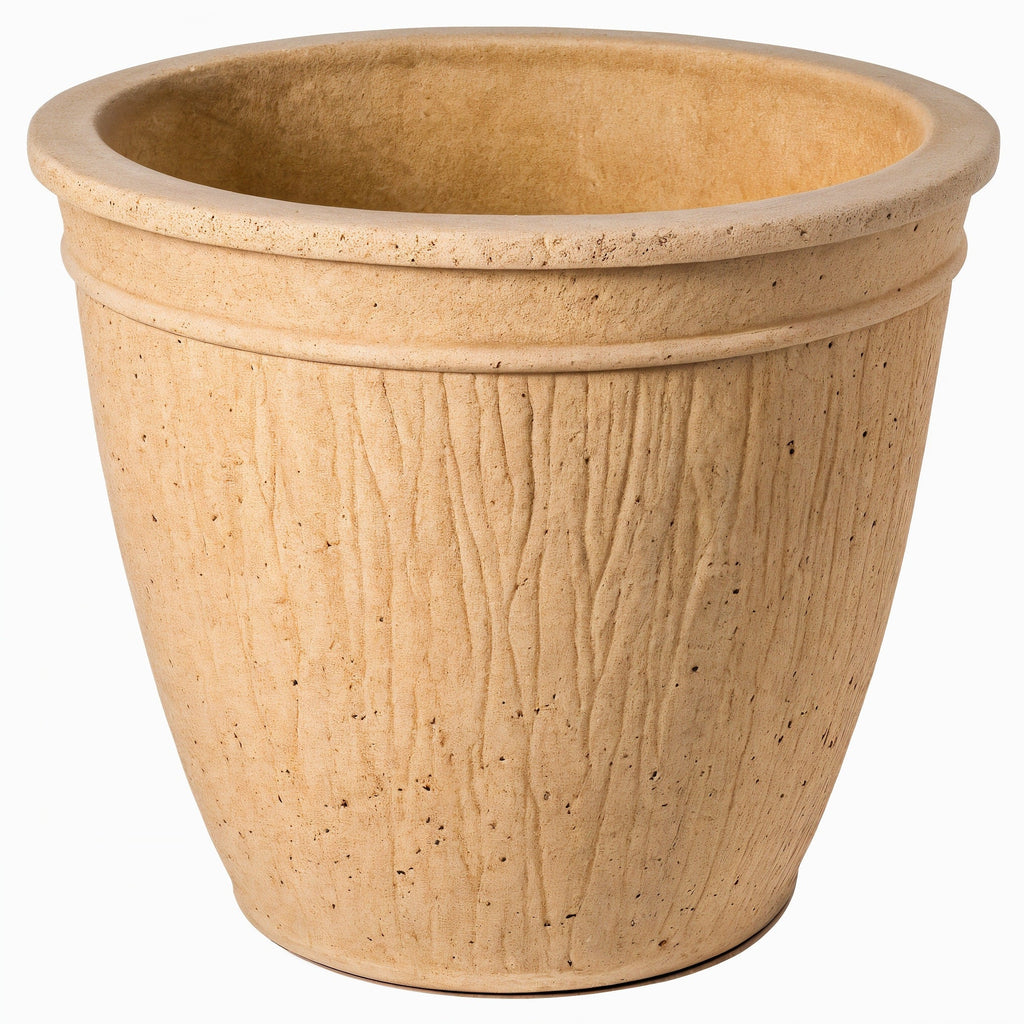 Vensioshop Sandstone Textured Ceramic Planter — three-quarter front view showing full silhouette and rim