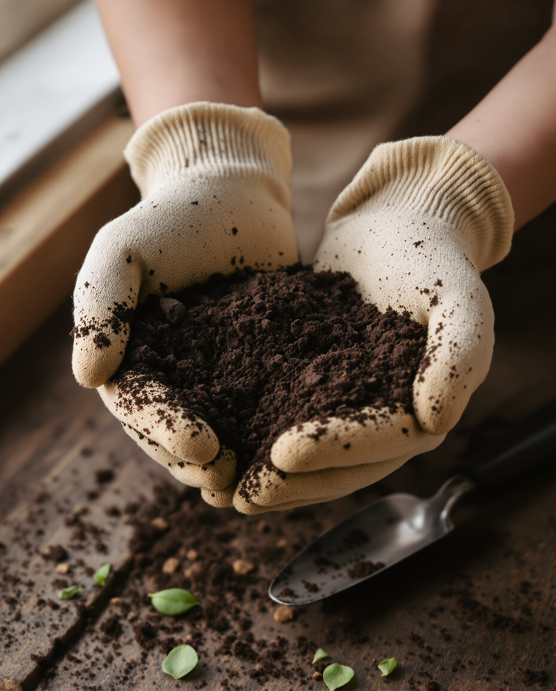 Hands in gardening gloves holding fresh potting soil over a wooden bench — zero products visible